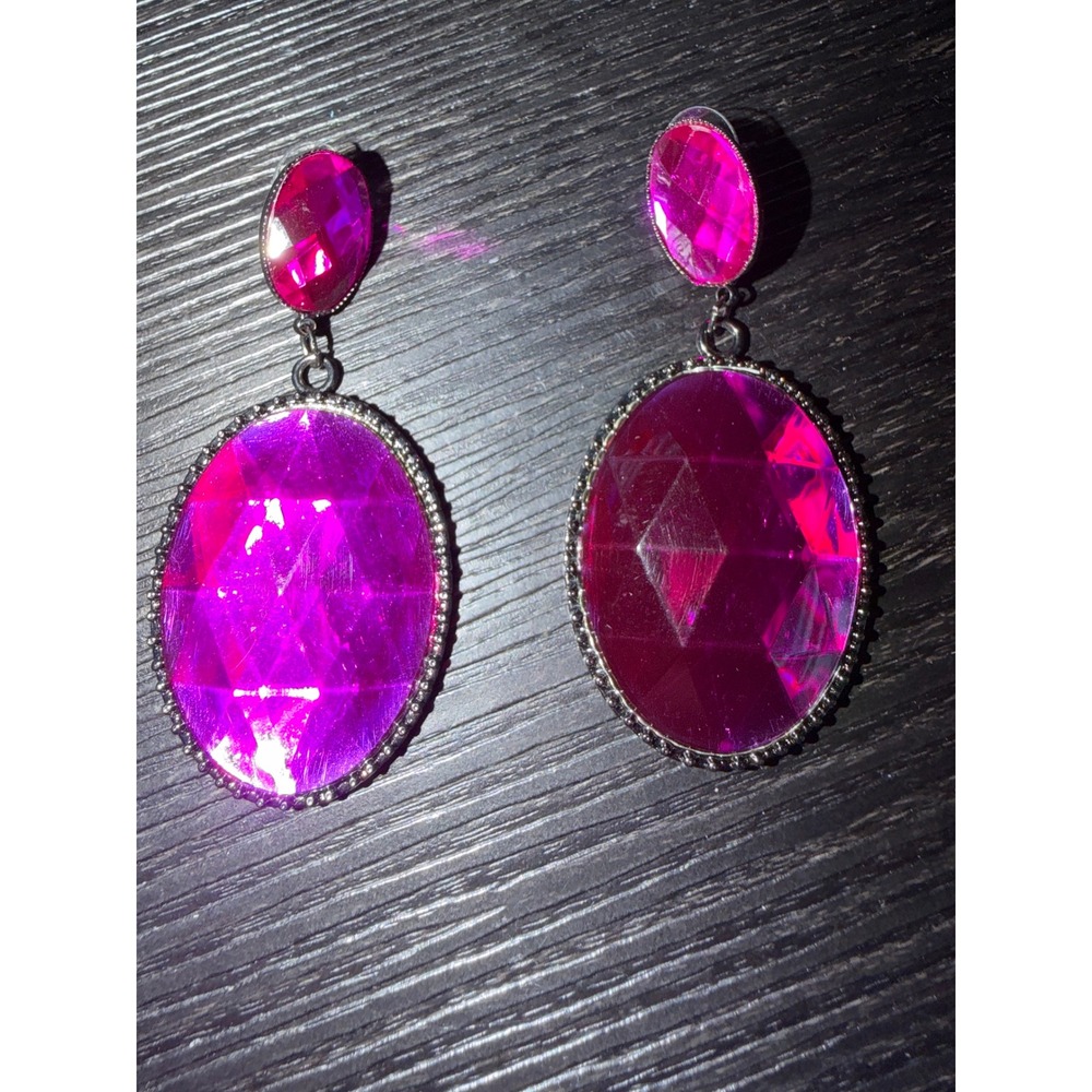 Hot Pink Faceted Oval Statement Drop Earrings Gunmetal Tone Glam Jewelry
